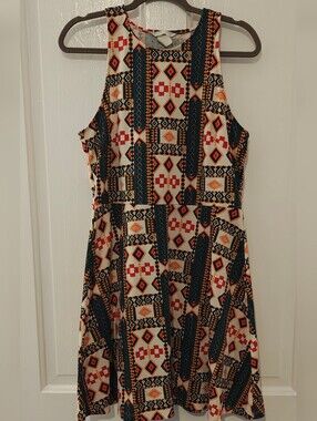 H&M Cream Dress with Navy, Red & Orange Geometric Print